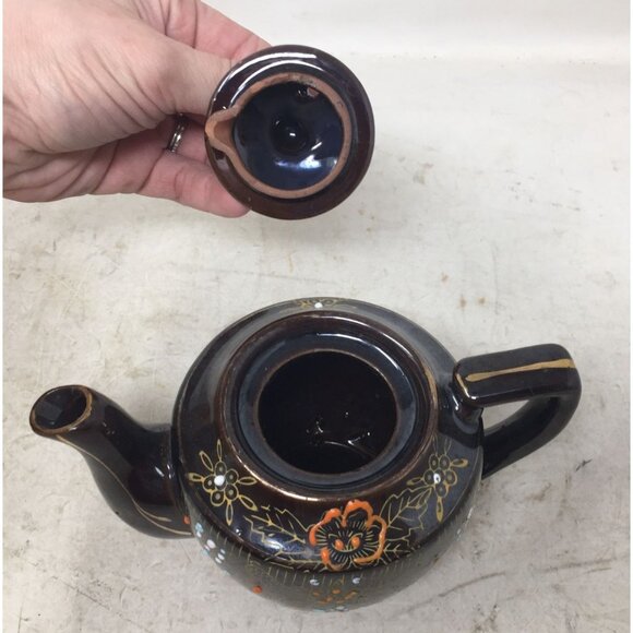 Vintage Mid Century Brown Handled and Lidded Teapot with Flower Design - Picture 7 of 9
